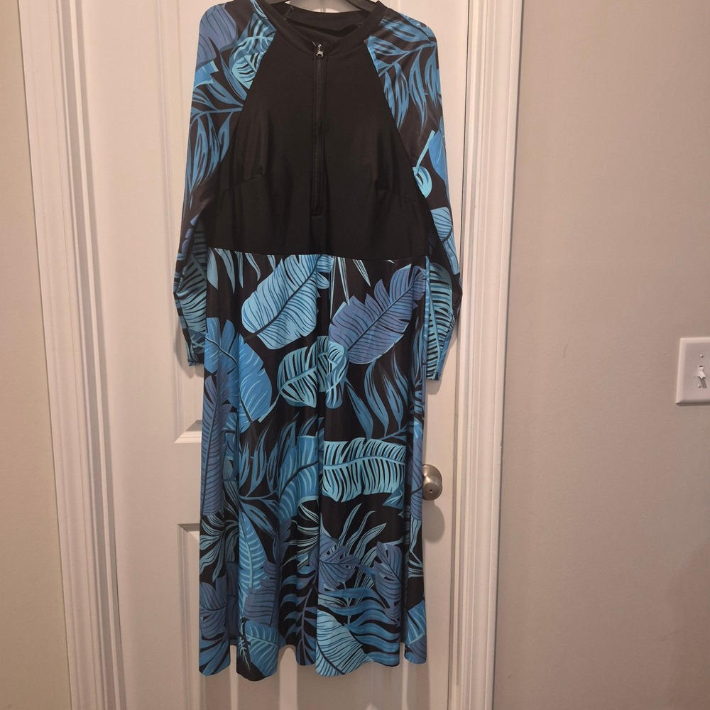Shein Women Modest Swim Dress Long Sleeve Tropical Leaf Print Burkini Swimwear
